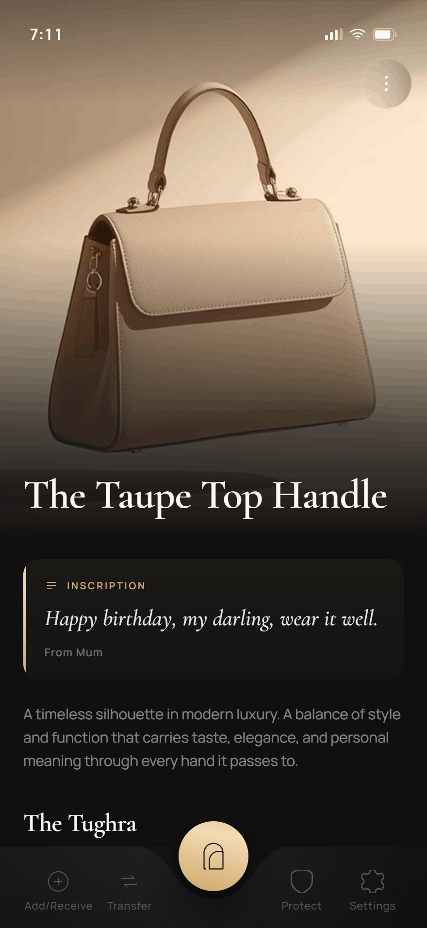 Shado app item screen showing a handbag with its Inscription