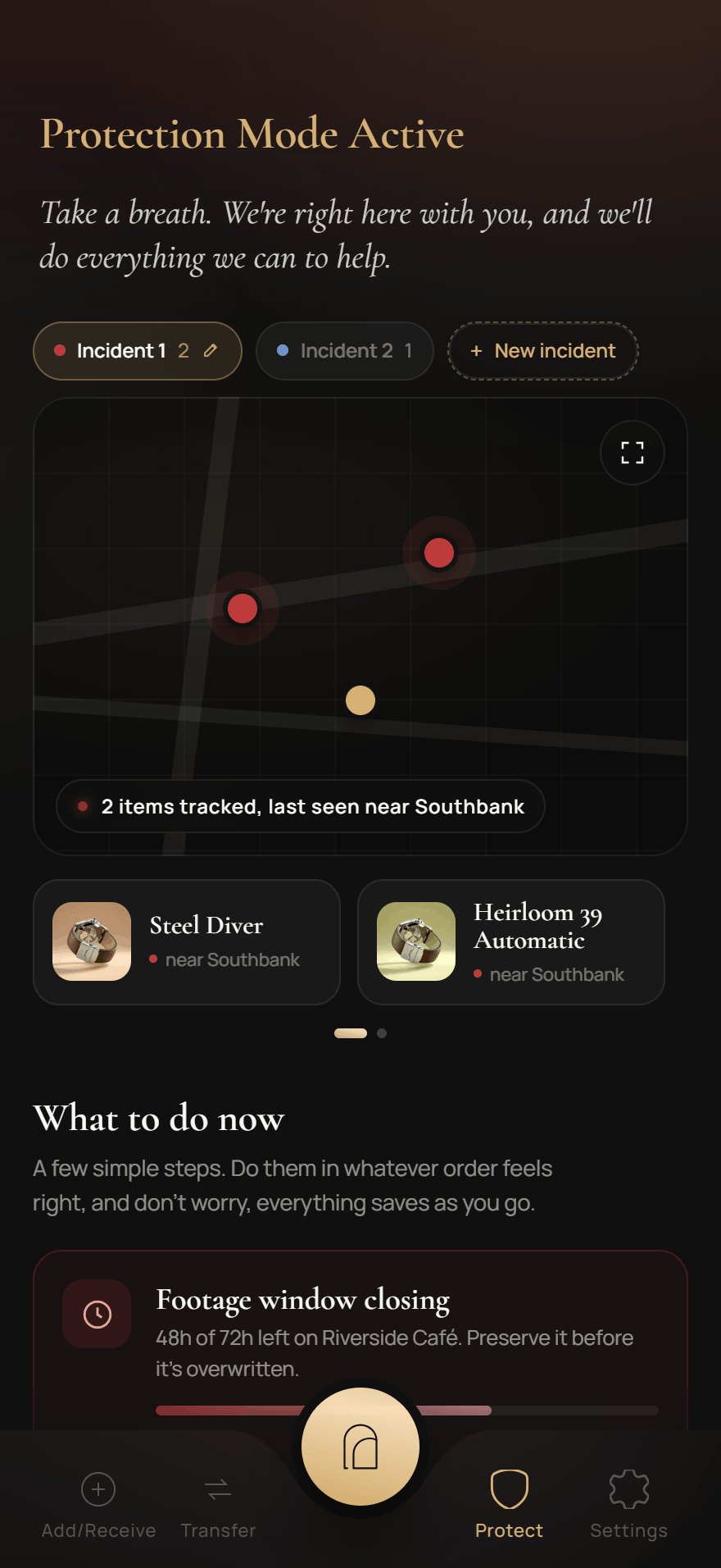 Shado app Protection Mode screen with a map of tracked items