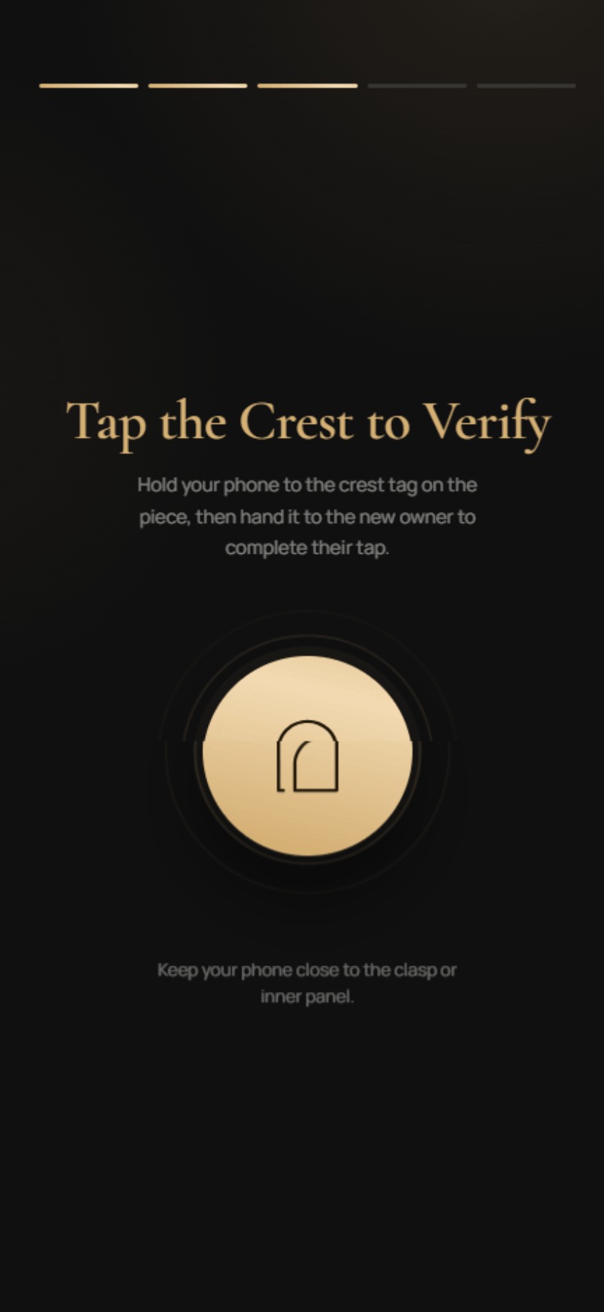 Shado app screen asking the user to tap the crest to verify