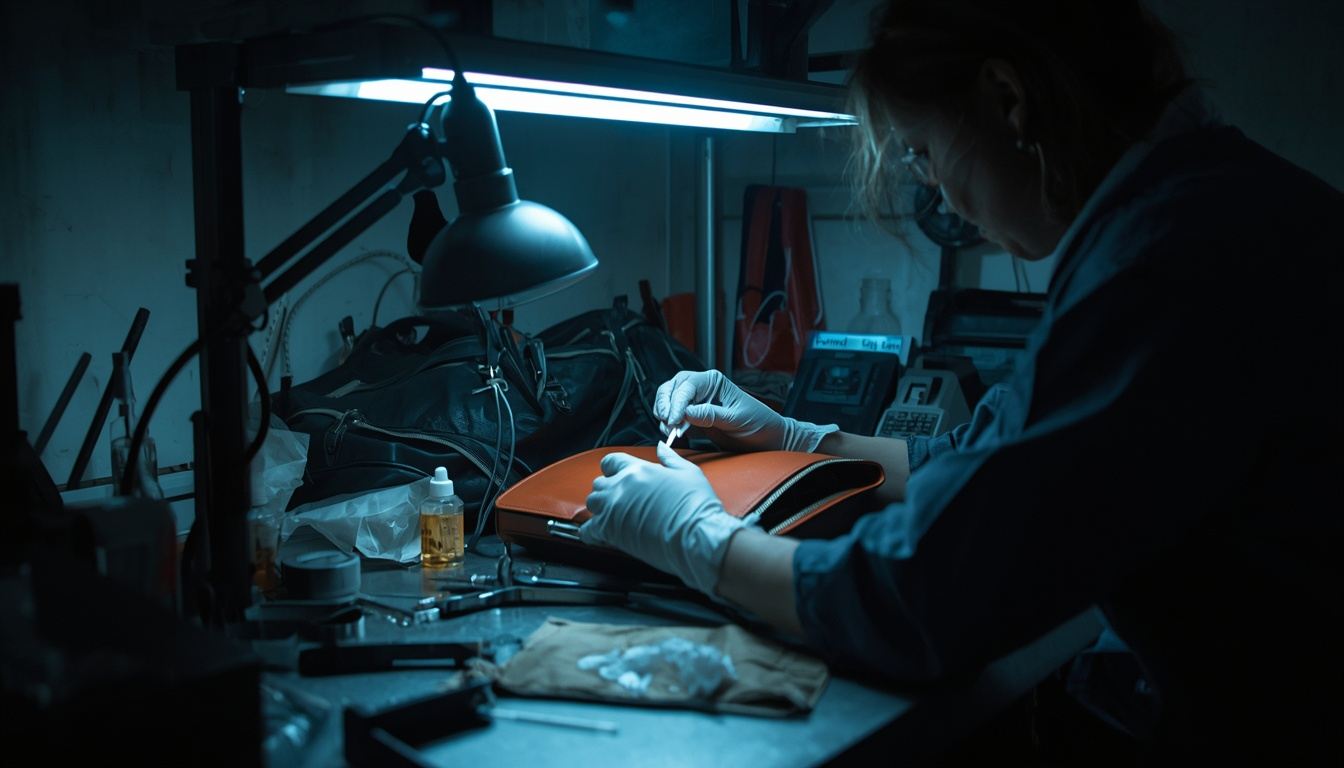A counterfeiter works on a handbag under a lamp in a dim workshop