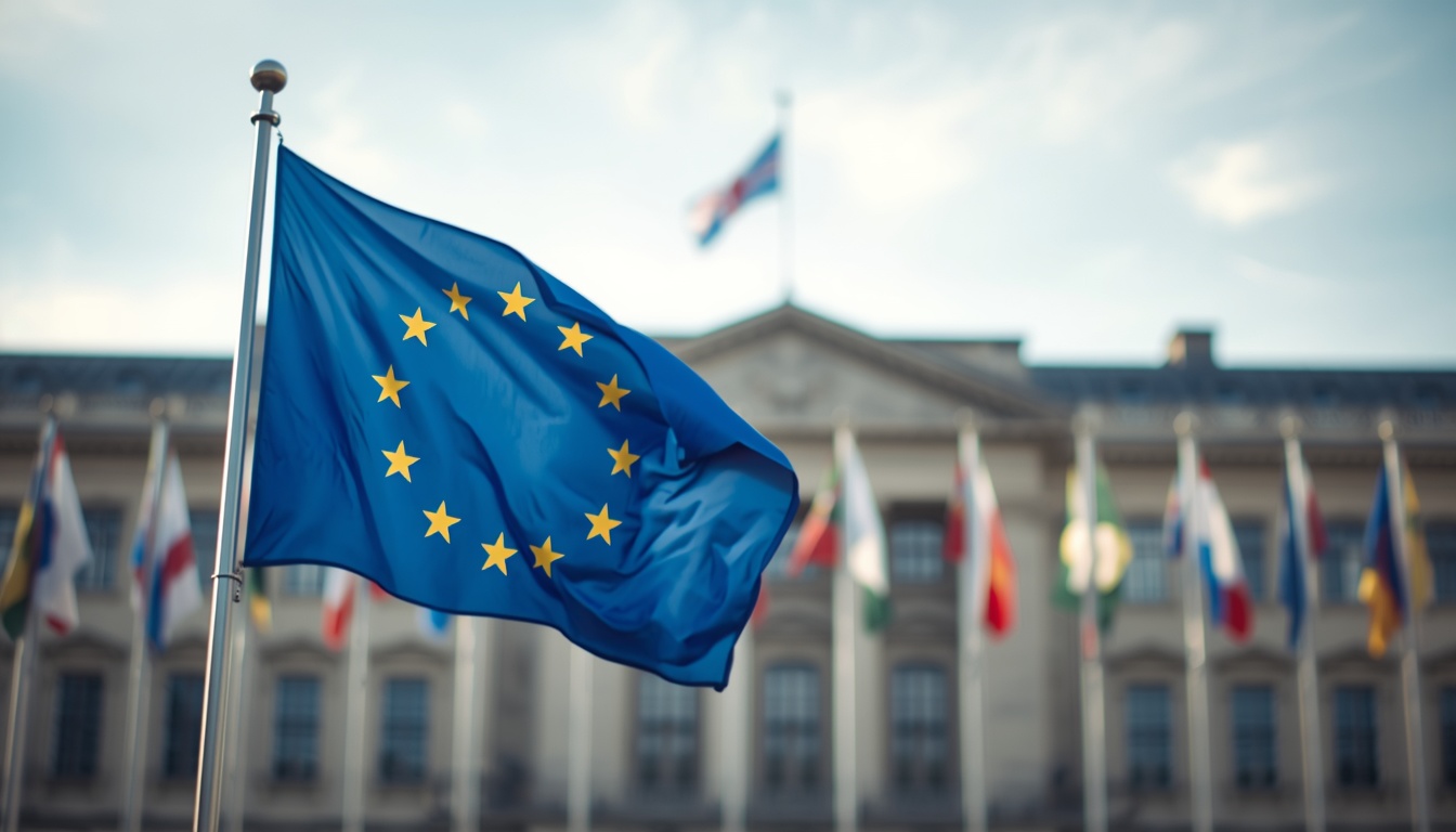 The European Union flag flying outside a government building