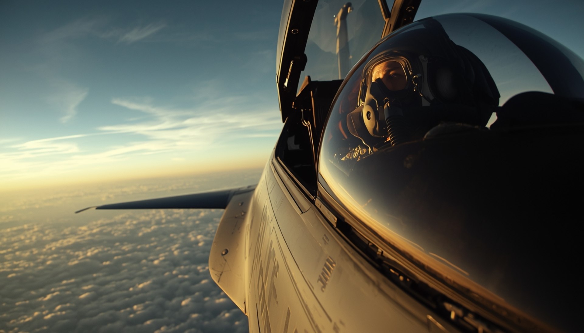 A fighter pilot in the cockpit at altitude.