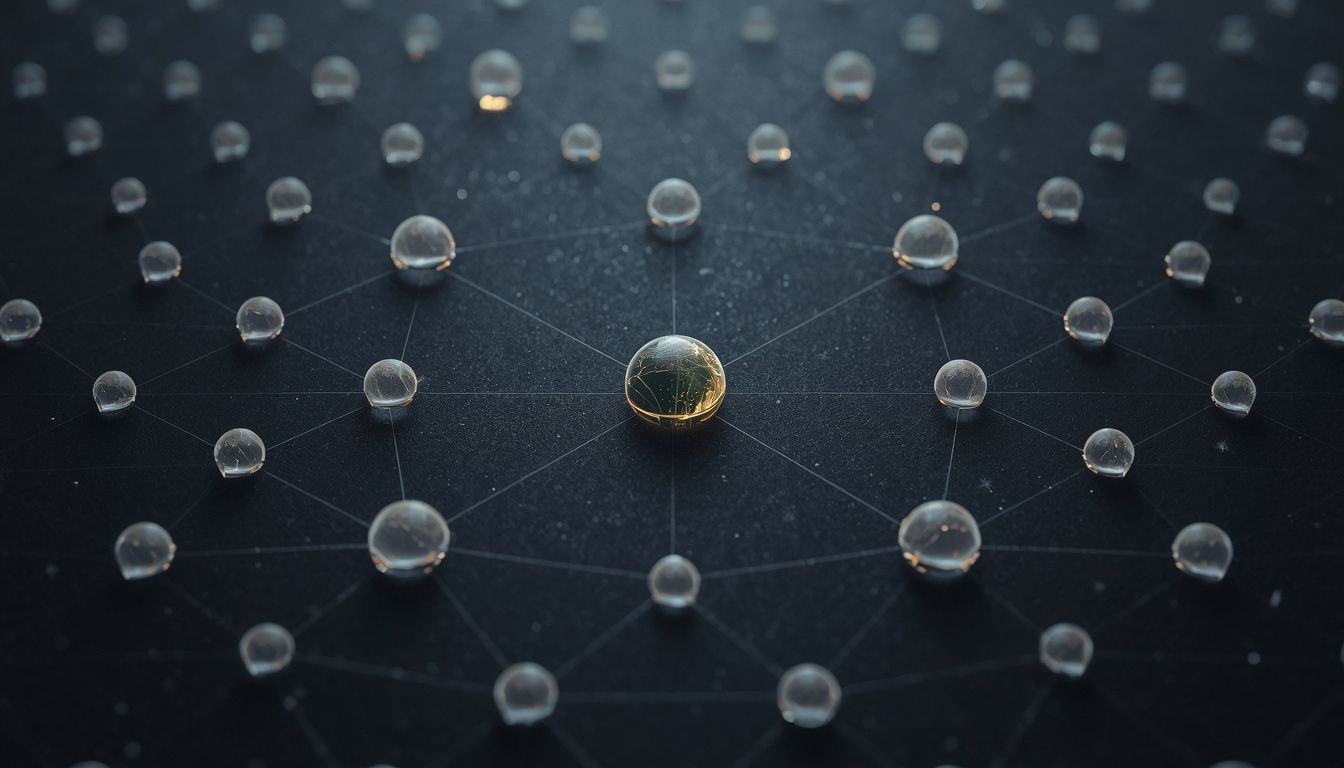 A glowing central node linked to a network of clear spheres on a dark field