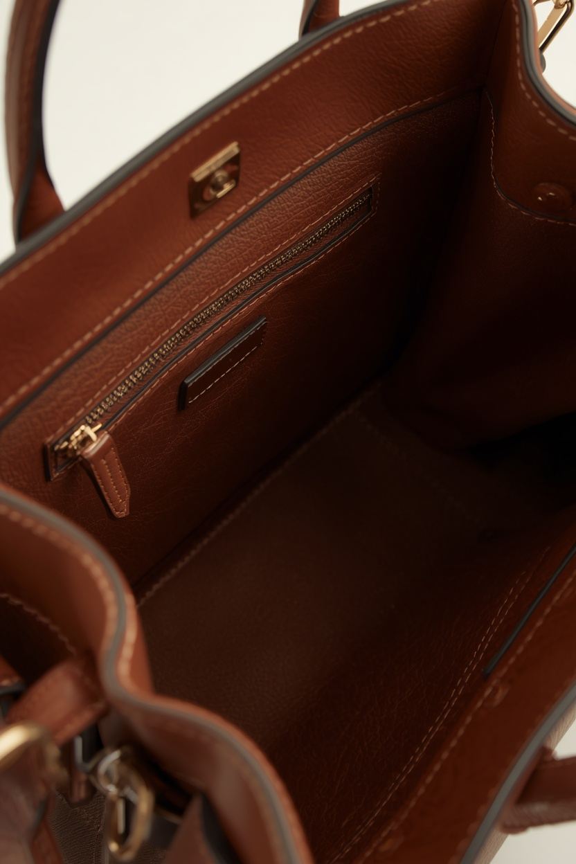 Looking inside an open tan leather handbag, rich grain and stitching.
