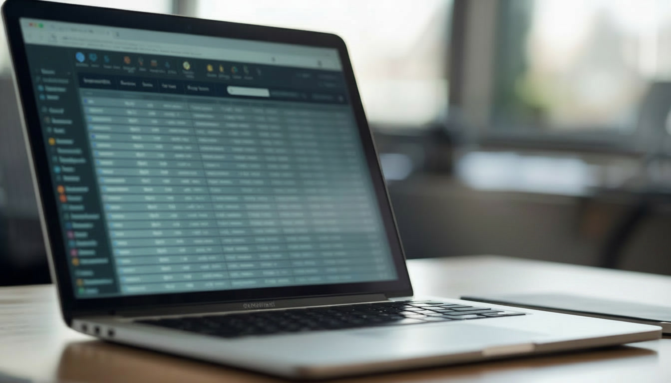 A laptop on a desk showing a database of records