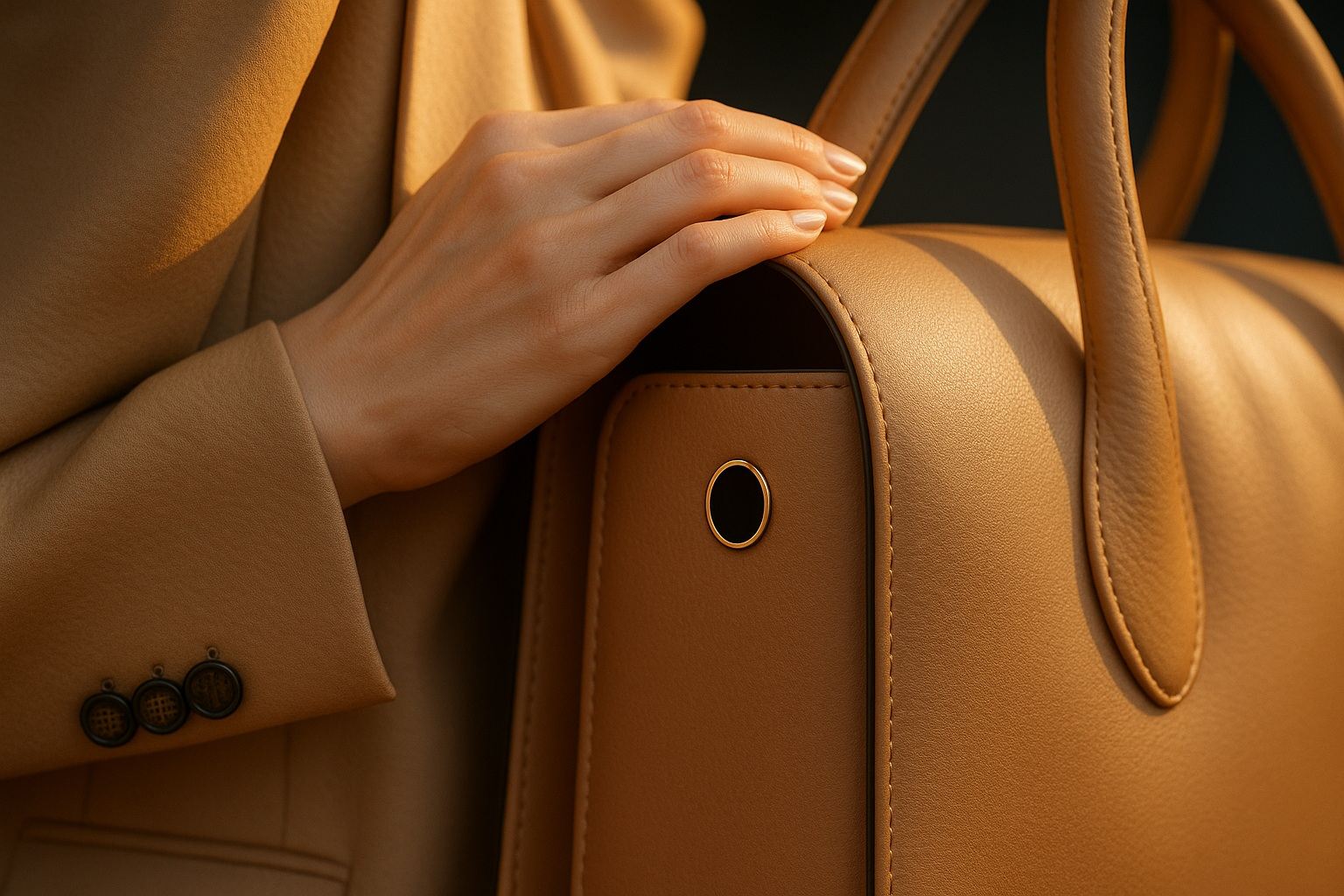 A hand rests on a tan leather handbag with an embedded sensor.