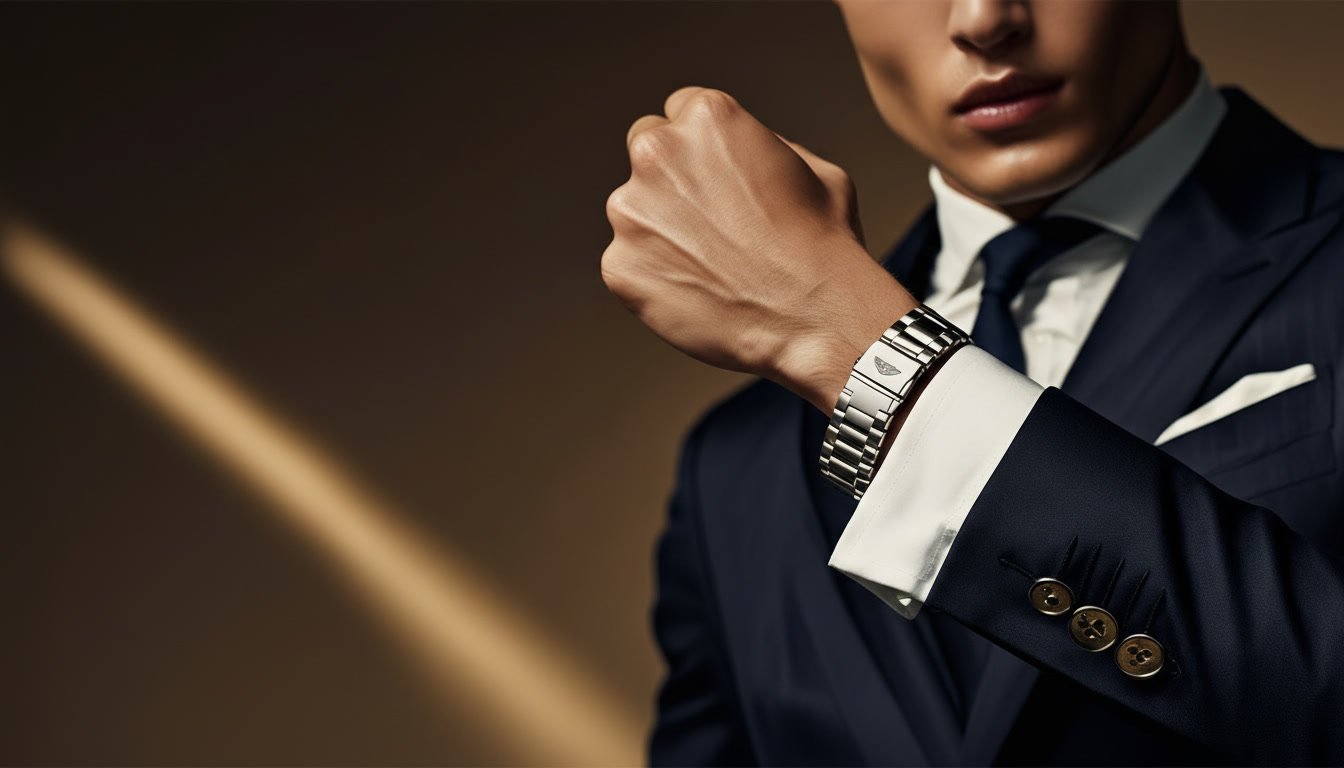 A man in a navy suit shows the cuff of his sleeve and a steel-bracelet luxury watch.