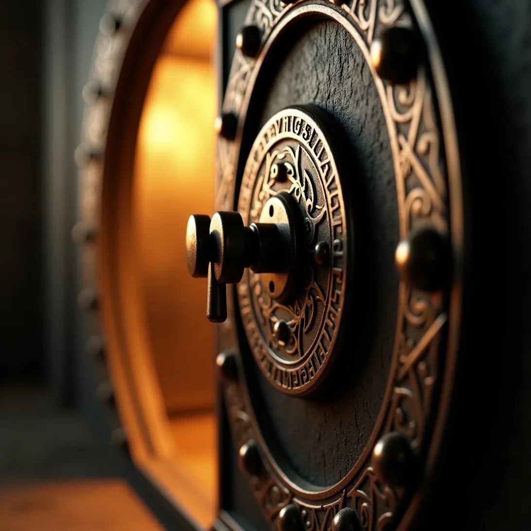 An ornate, partially-open vault door, security and stewardship by design.