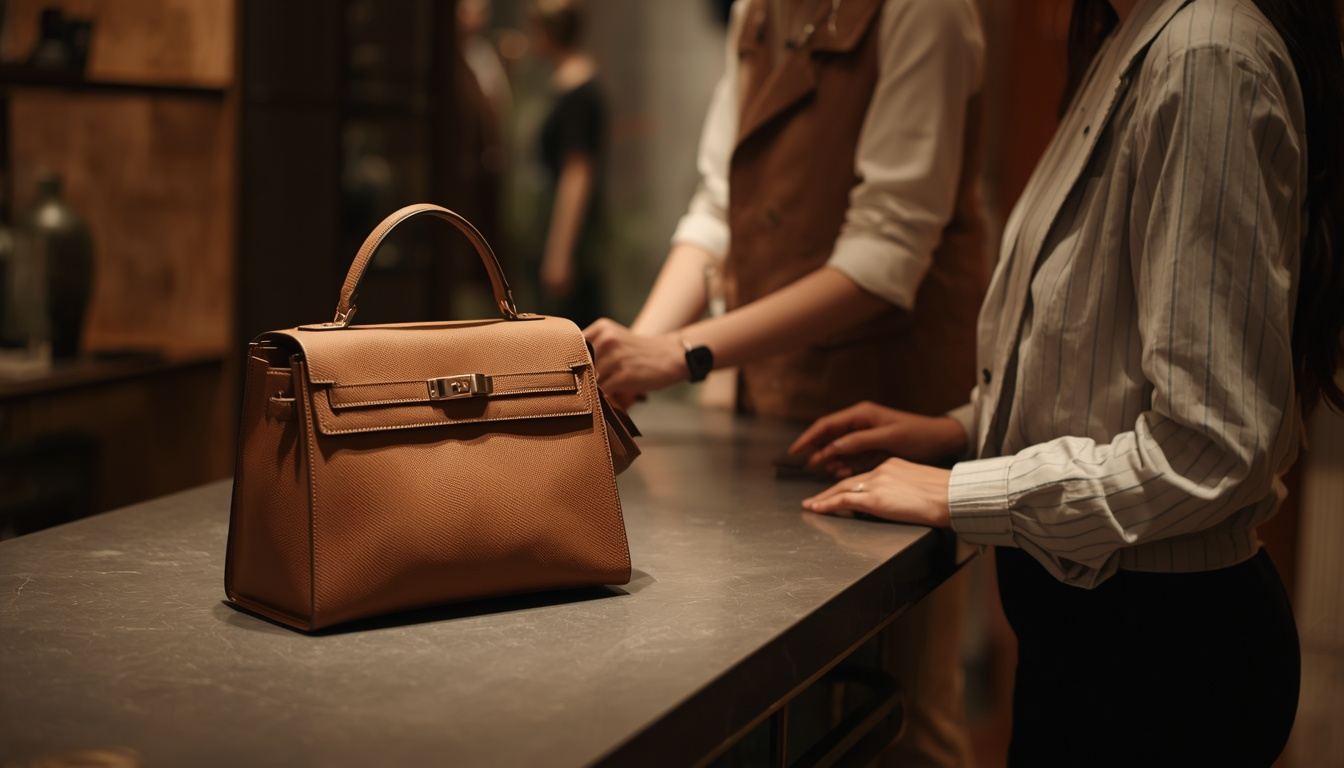 A sales associate completes a quiet handover of a leather handbag at a boutique counter.