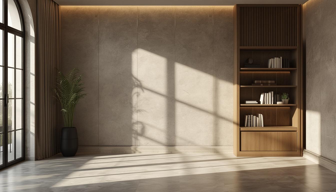 A quiet, minimalist studio bookshelf lined with monographs and objects.