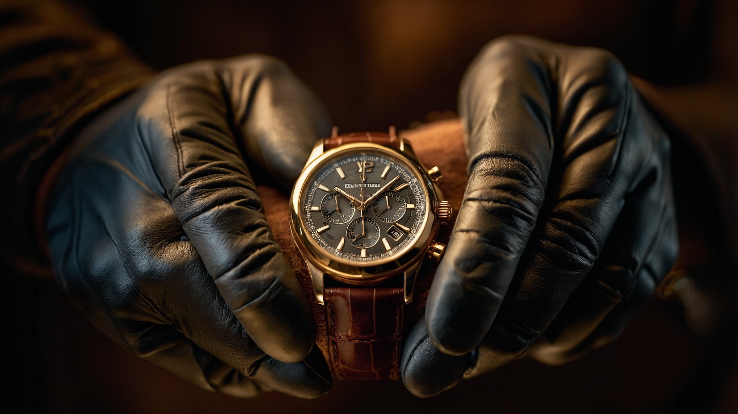 Gloved hands present a luxury chronograph against a soft amber backdrop.