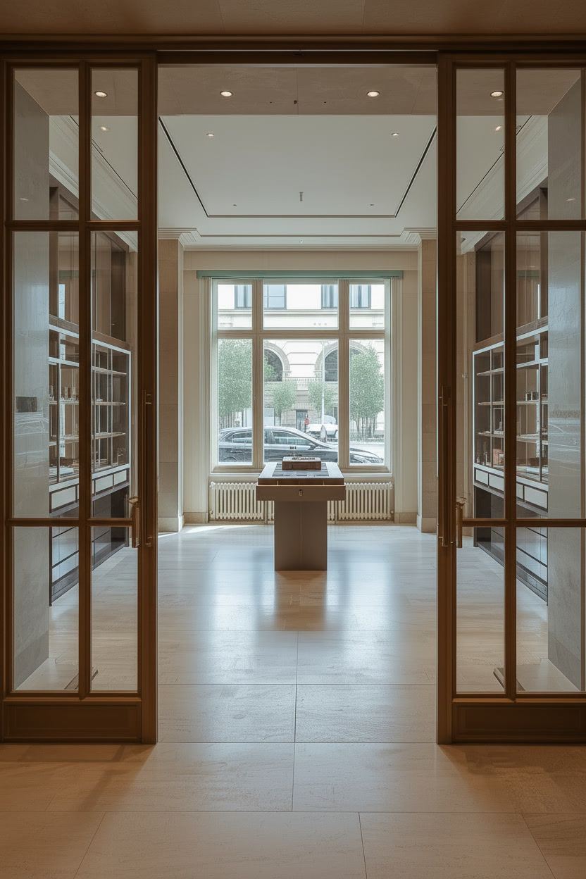 Looking through the entrance of a high-end boutique toward a bright street-facing window.