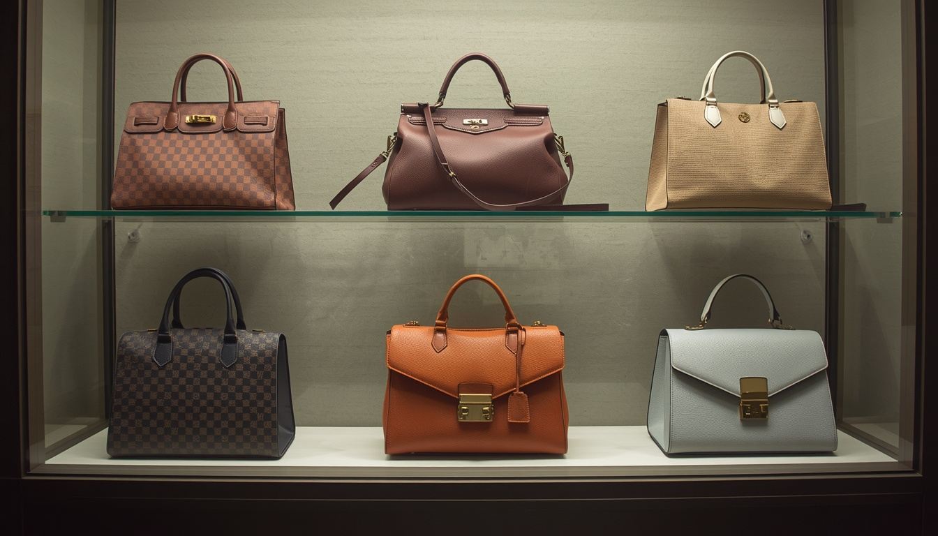 Pre-owned luxury handbags displayed in a resale store glass cabinet