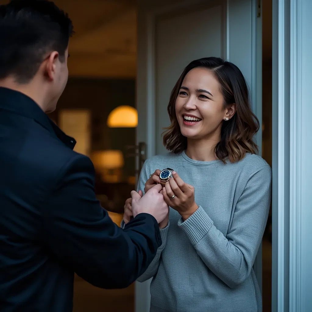 A woman smiles as she receives a recovered watch at her doorway.