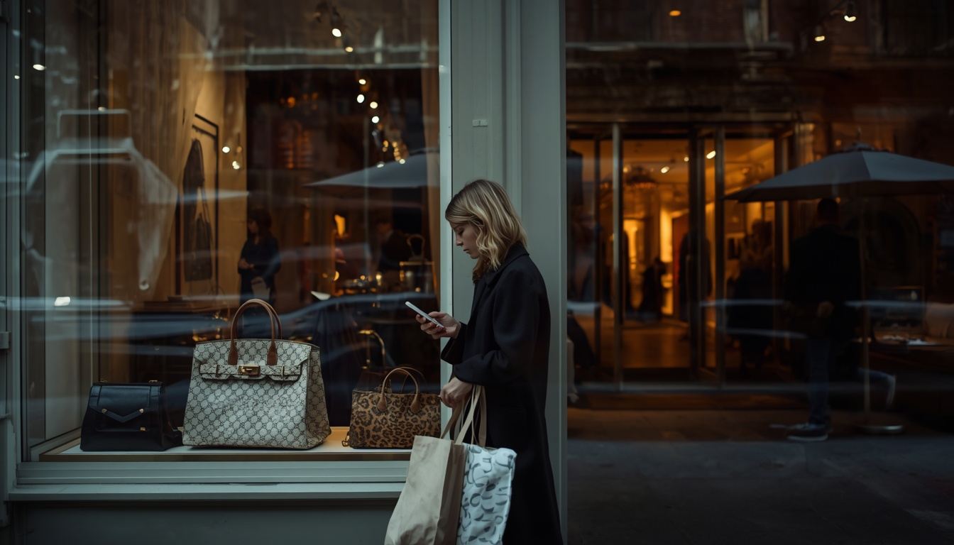 A woman checks her phone beside a boutique window of handbags