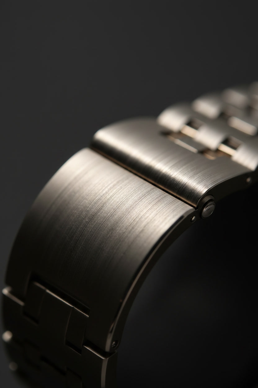 A brushed-steel luxury watch bracelet and clasp, lit against a dark ground.